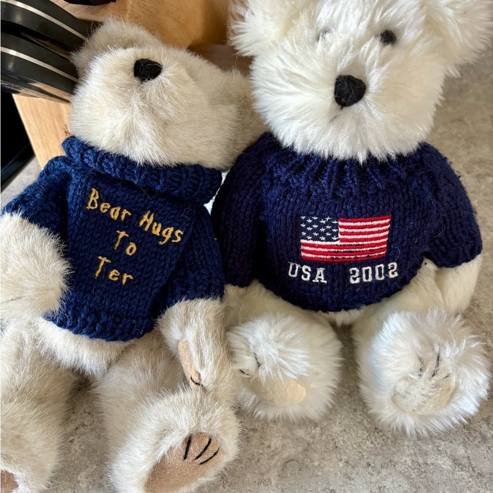 White Teddy Bear with Navy Sweater
